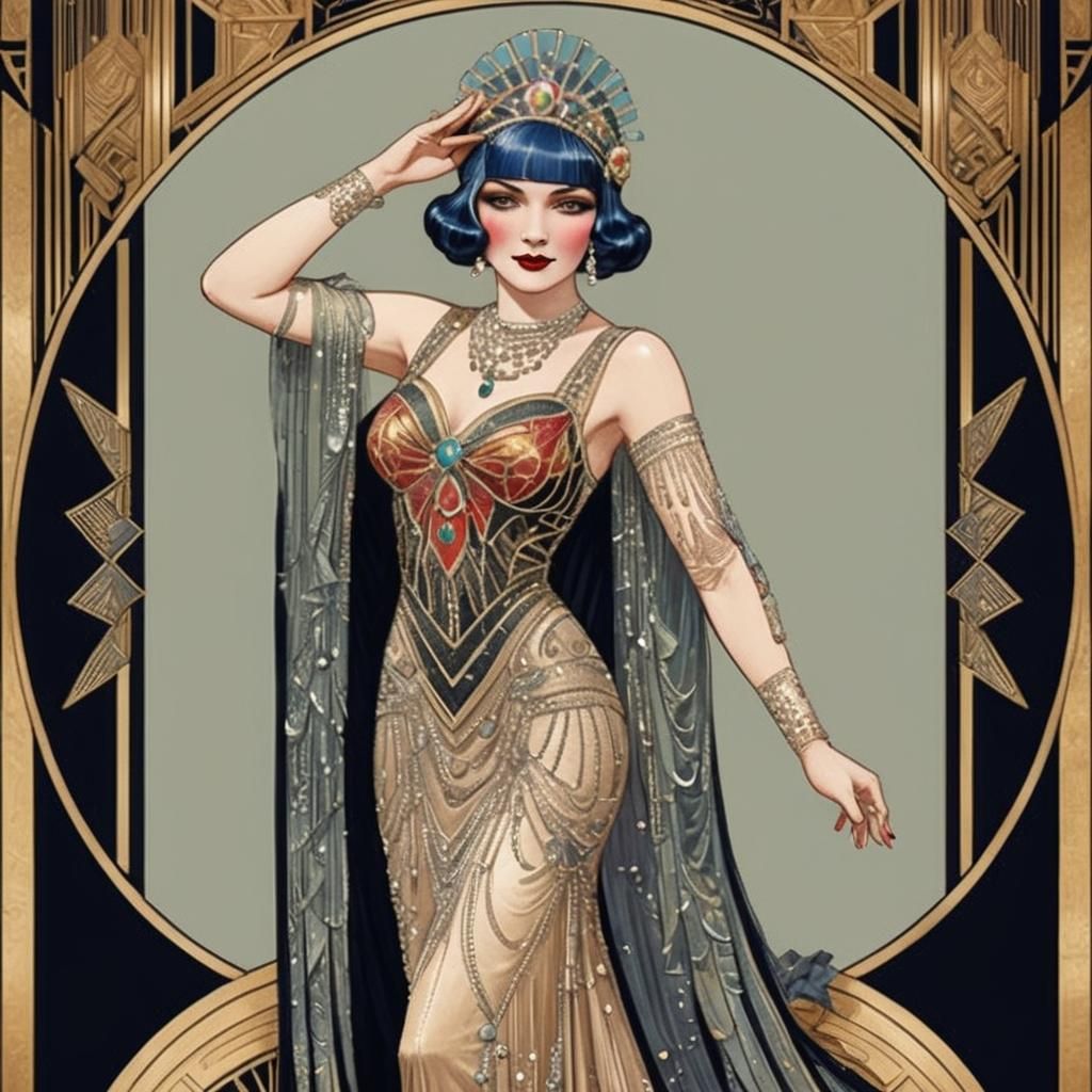 Art Deco Burlesque Woman in Flapper Gown