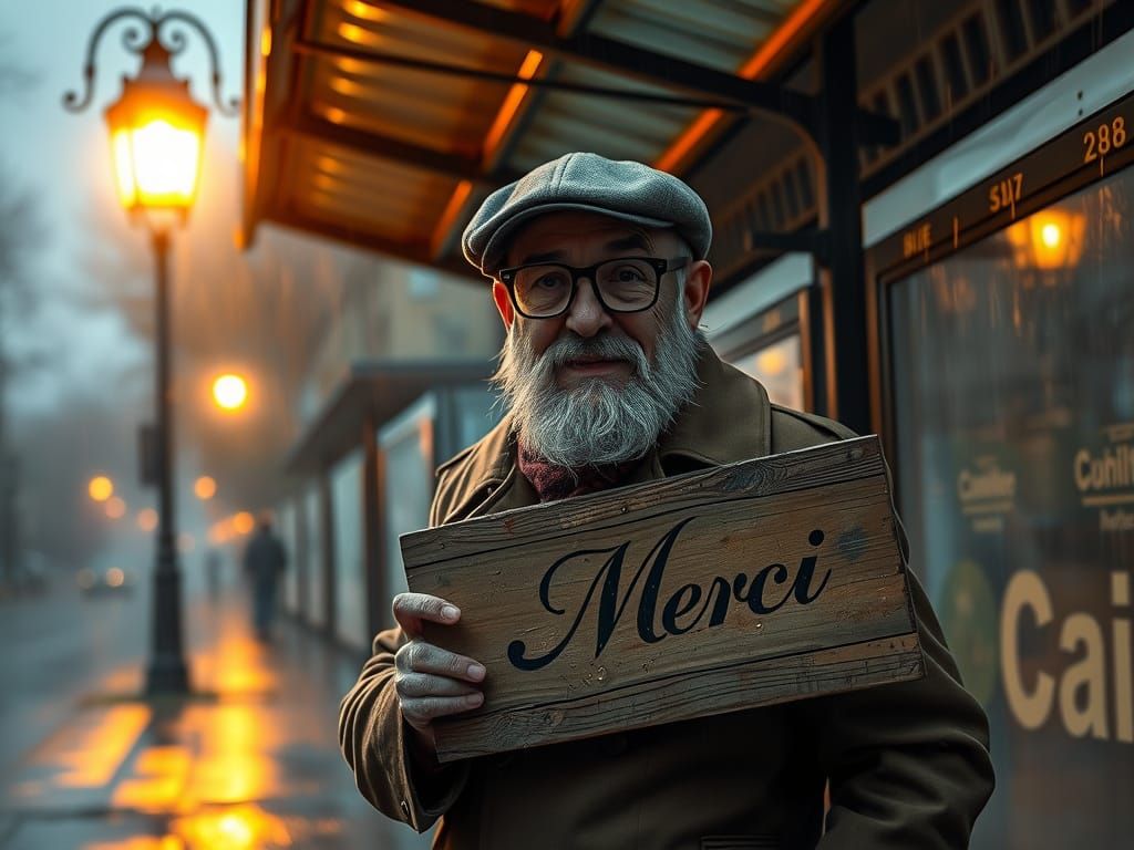 Wispy Grey Bearded Man Under Rainy Streetlamp