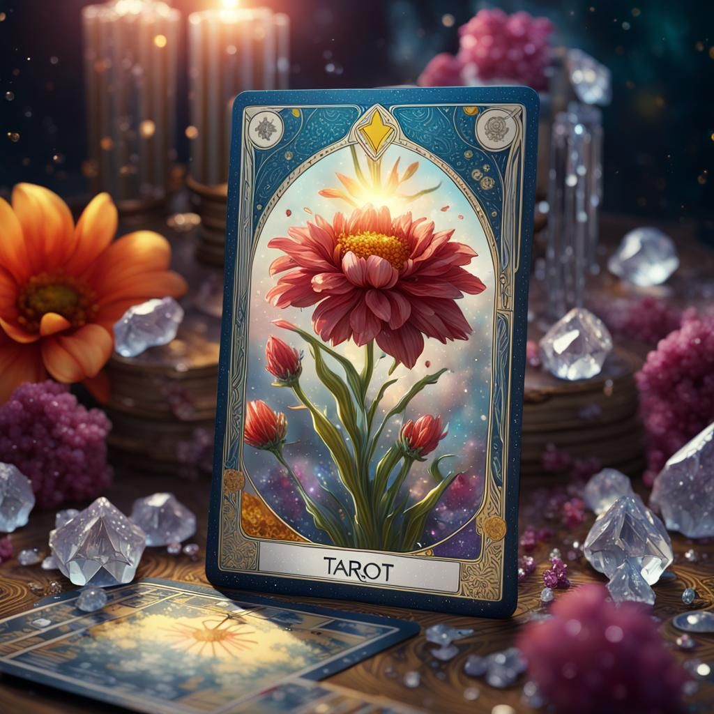 Glossy Flower Tarot Card with Crystals, Fantasy Art