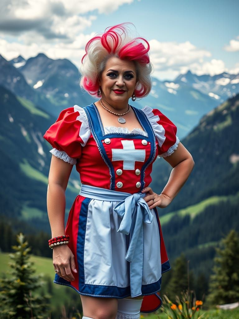 Drag Queen Wears Swiss Flag Attire in the Alps