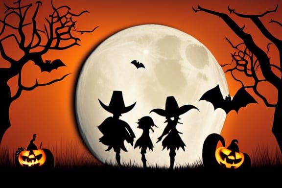 Halloween Silhouettes Under Tawny Moon with Bats