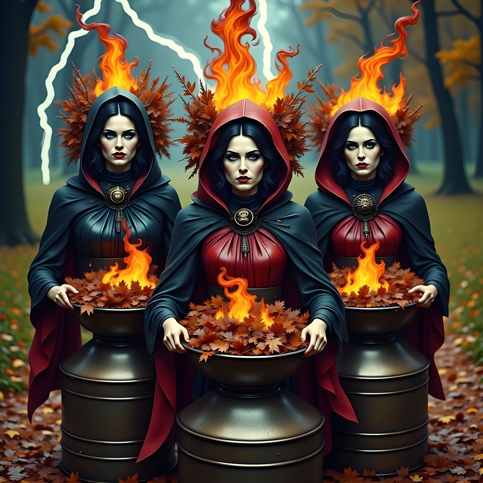 Fire Witches Dance in Autumn Thunderstorm, Gothic Style