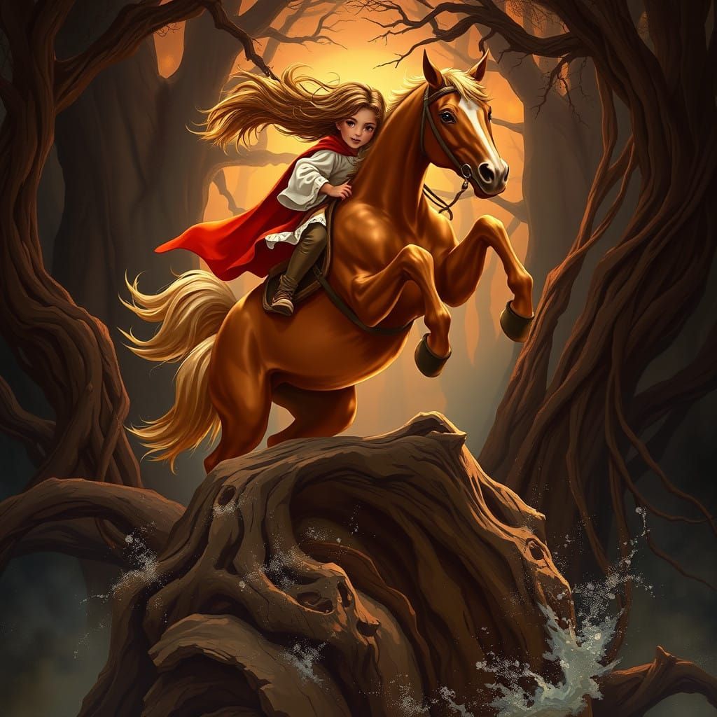 Girl on Majestic Brown Horse Jumps over Twisted Tree Trunk i...