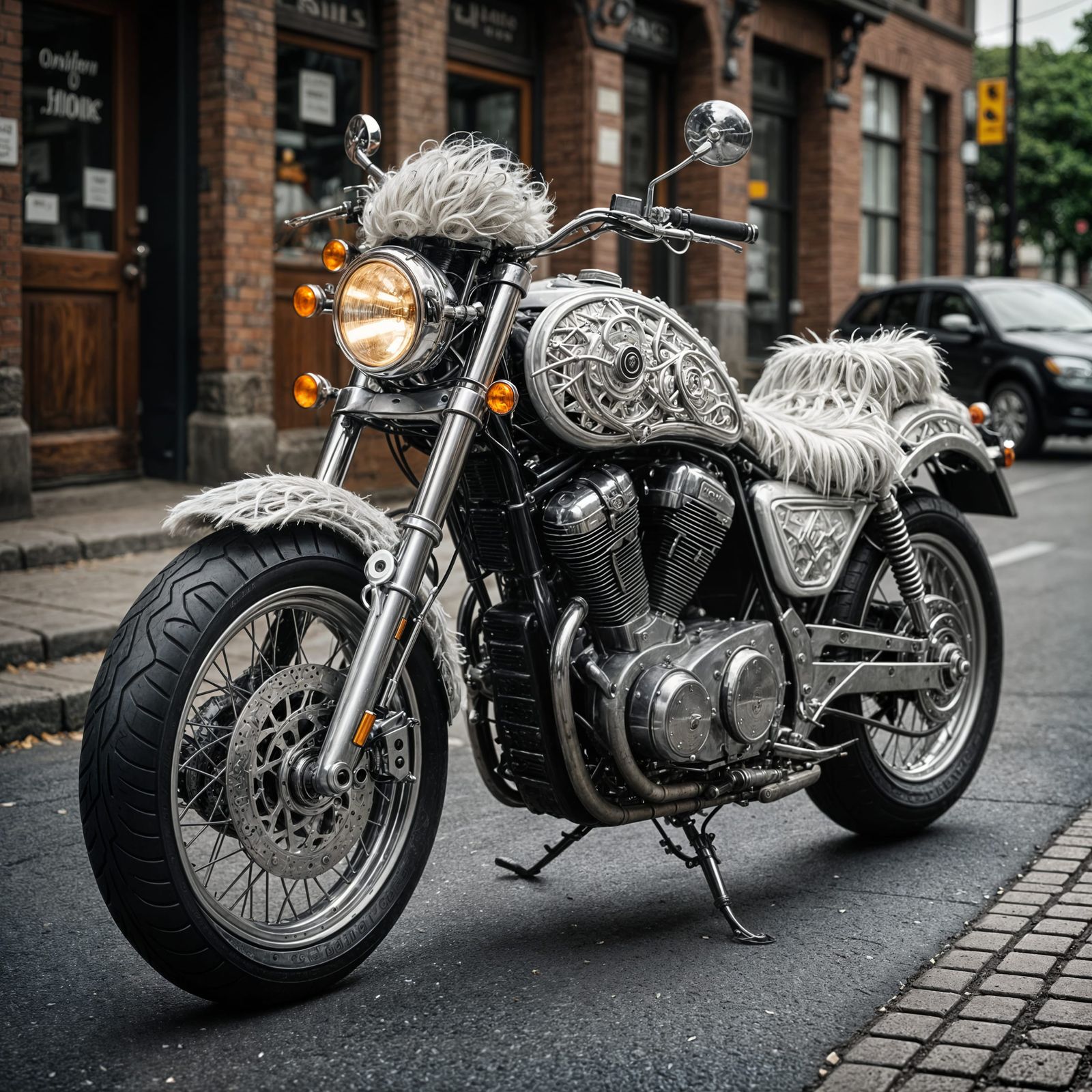 White-Haired Motorcycle: Hyperrealistic HDR Automotive Art