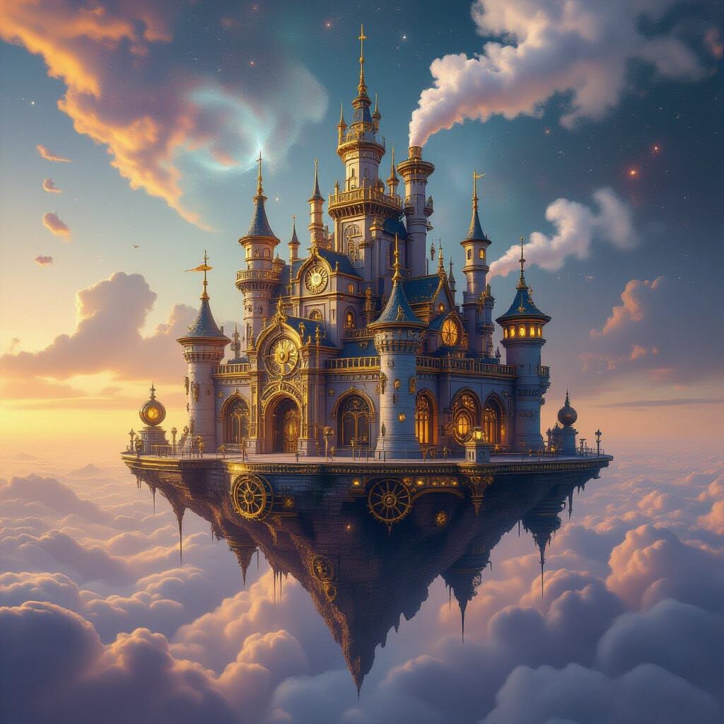 Steampunk Castle on Floating Island in Cosmic Nebula