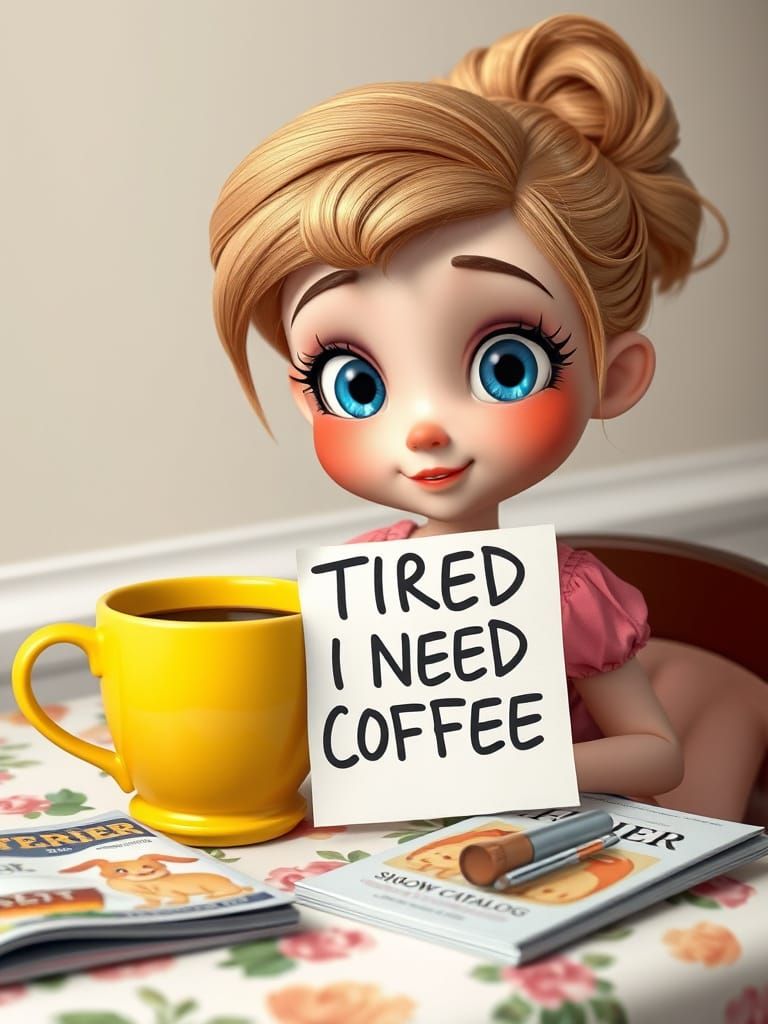 Woman Needs Coffee, 3D Rendered Cartoon Style