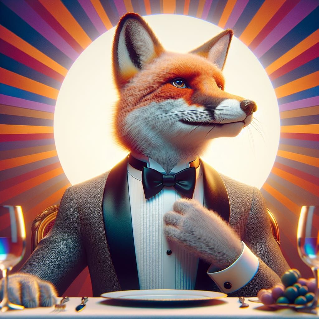 Fox in Tuxedo at Dinner Party in 3D Romanticism Style