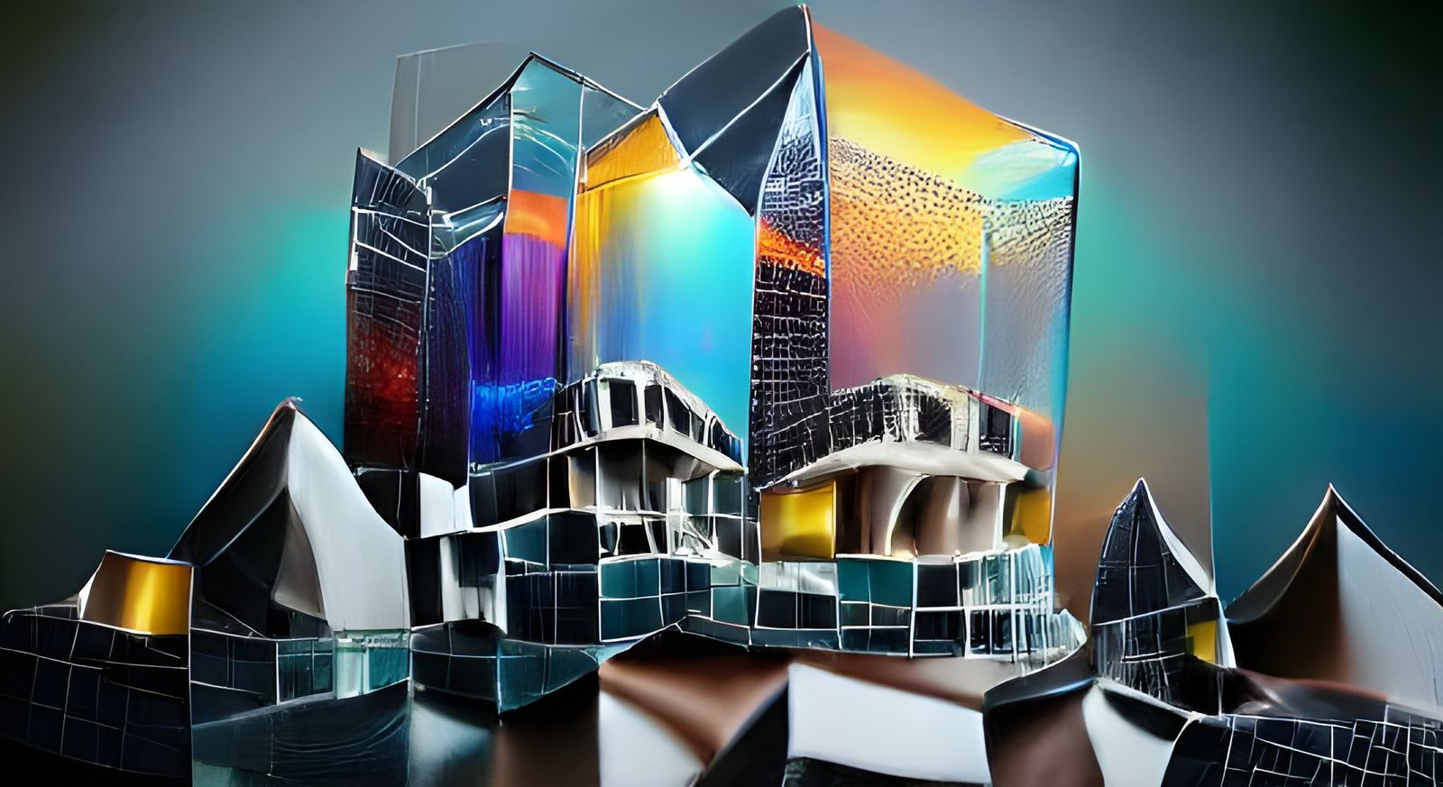 Majestic Crystal Glass Cityscape in Brutalist Style