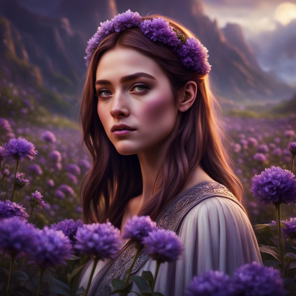 Young Girl Amongst Purple Flowers: Digital Matte Painting