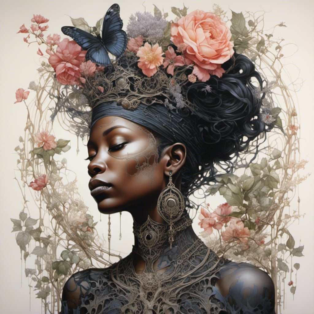 Magnificent Black Queen Portrait with Flora and Skulls