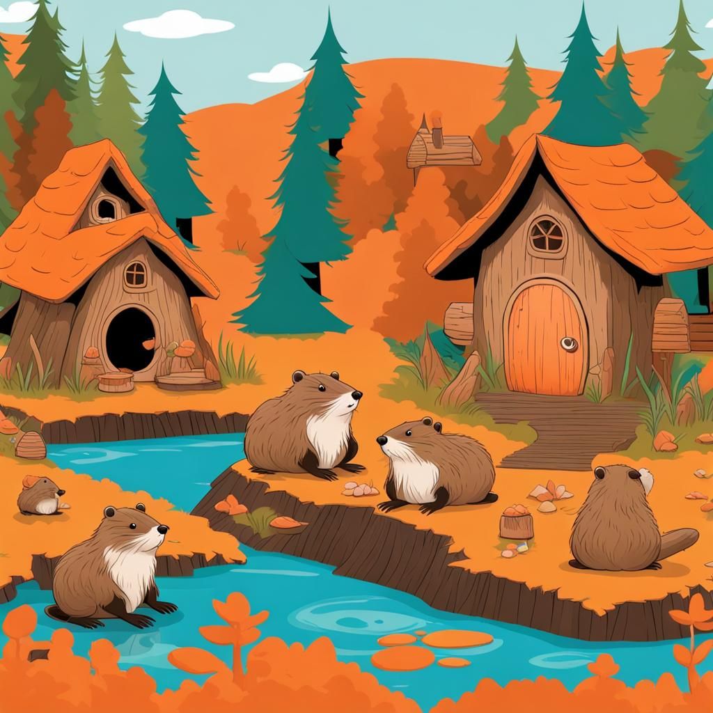 Beavers Living in Fairy Village by Lake