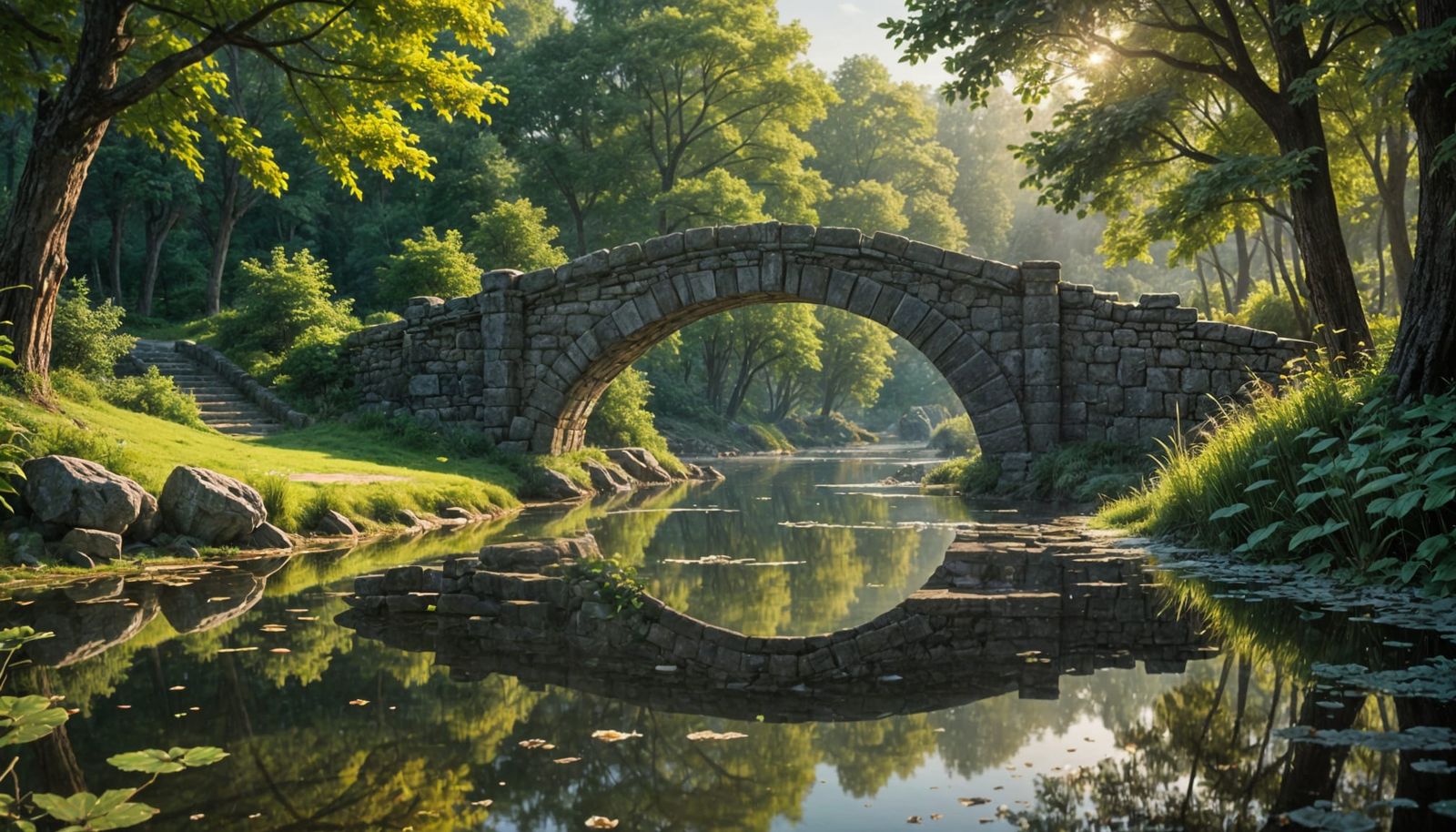 Ancient Stone Bridge Reflected in Morning Mist