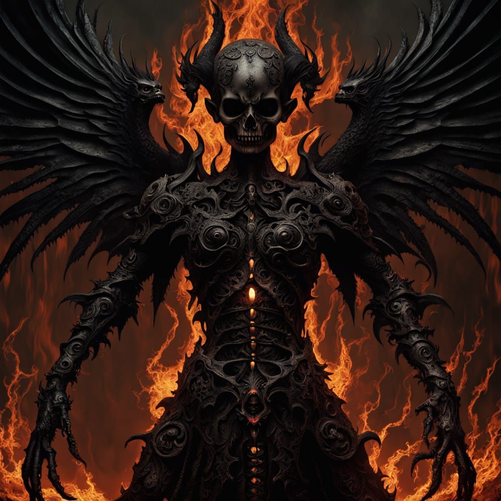 Gothic Fallen Angel in Dark, Fiery Hellscape