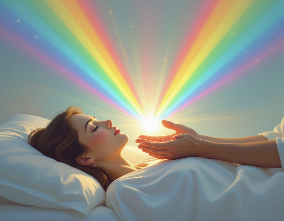 Man's Healing Rainbow Light Over Sleeping Woman