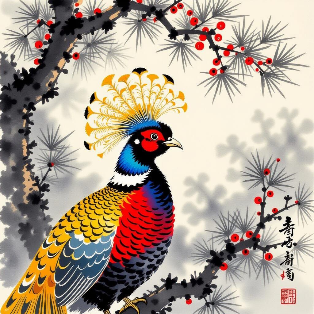 Golden Pheasant Portrait in Chinese Ink Wash Style