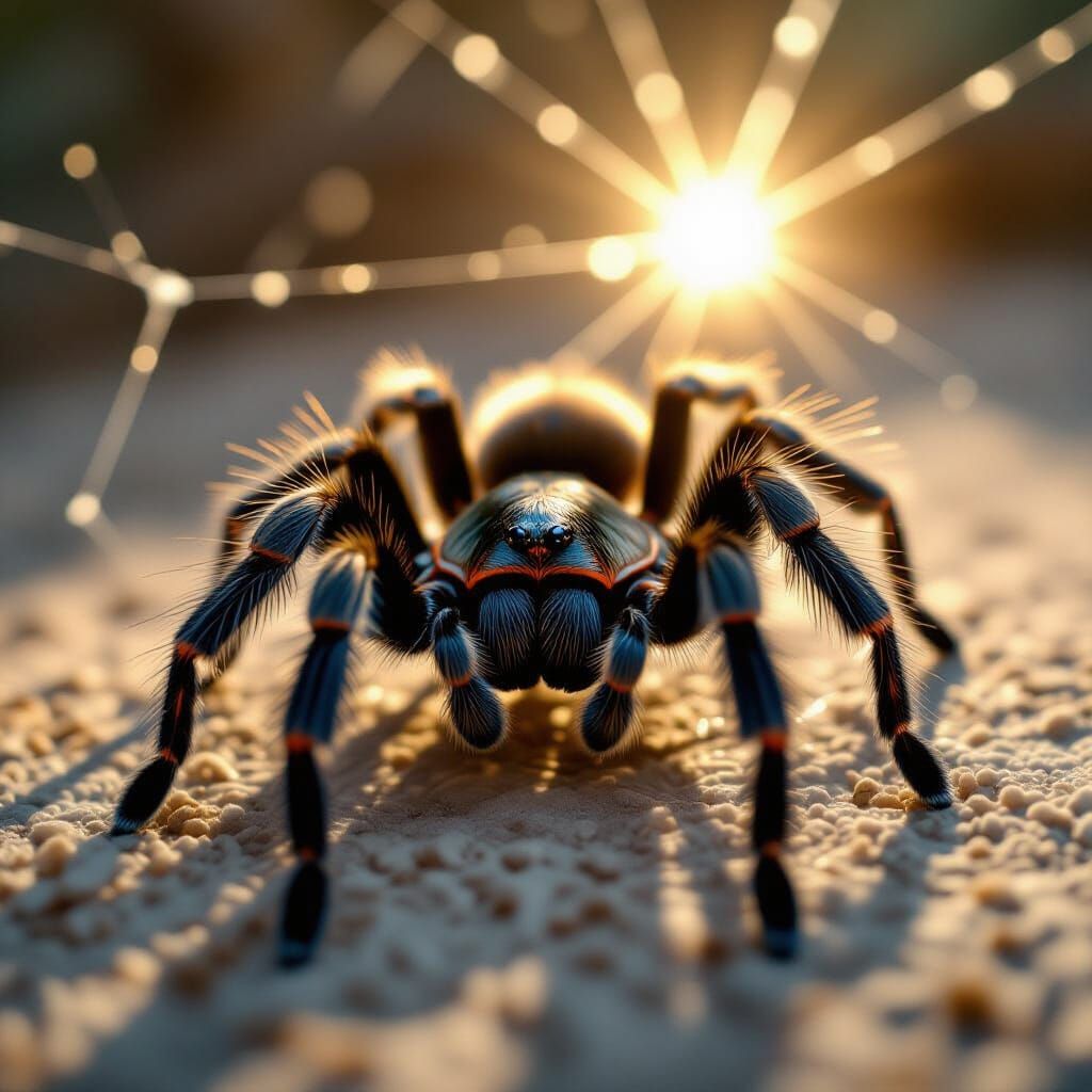 Cinematic Tarantula Spinning Web in Dramatic Light