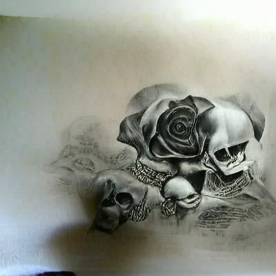Hyperdetailed Charcoal Drawing of Skull and Roses
