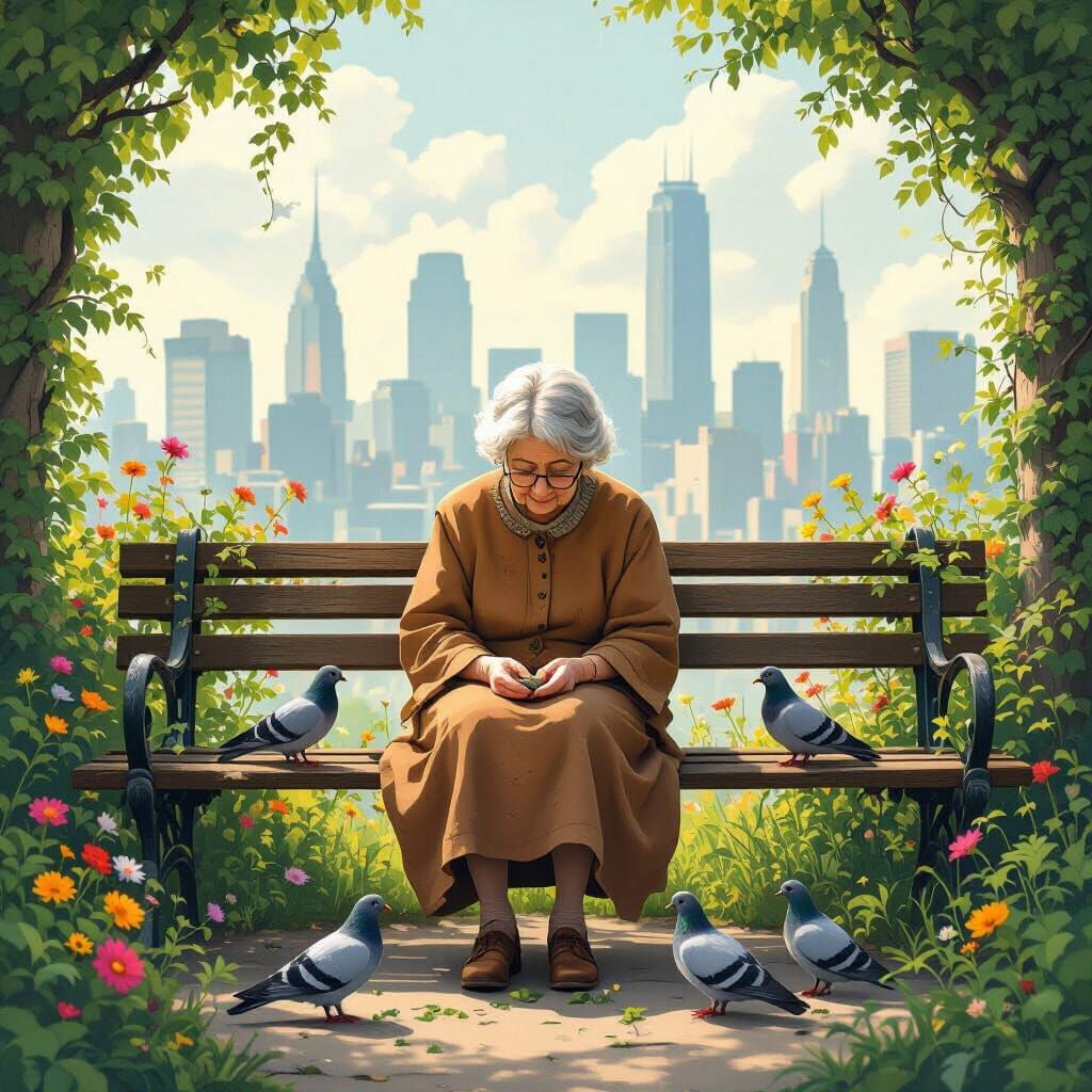 Elderly Woman Feeding Pigeons in Overgrown Cityscape