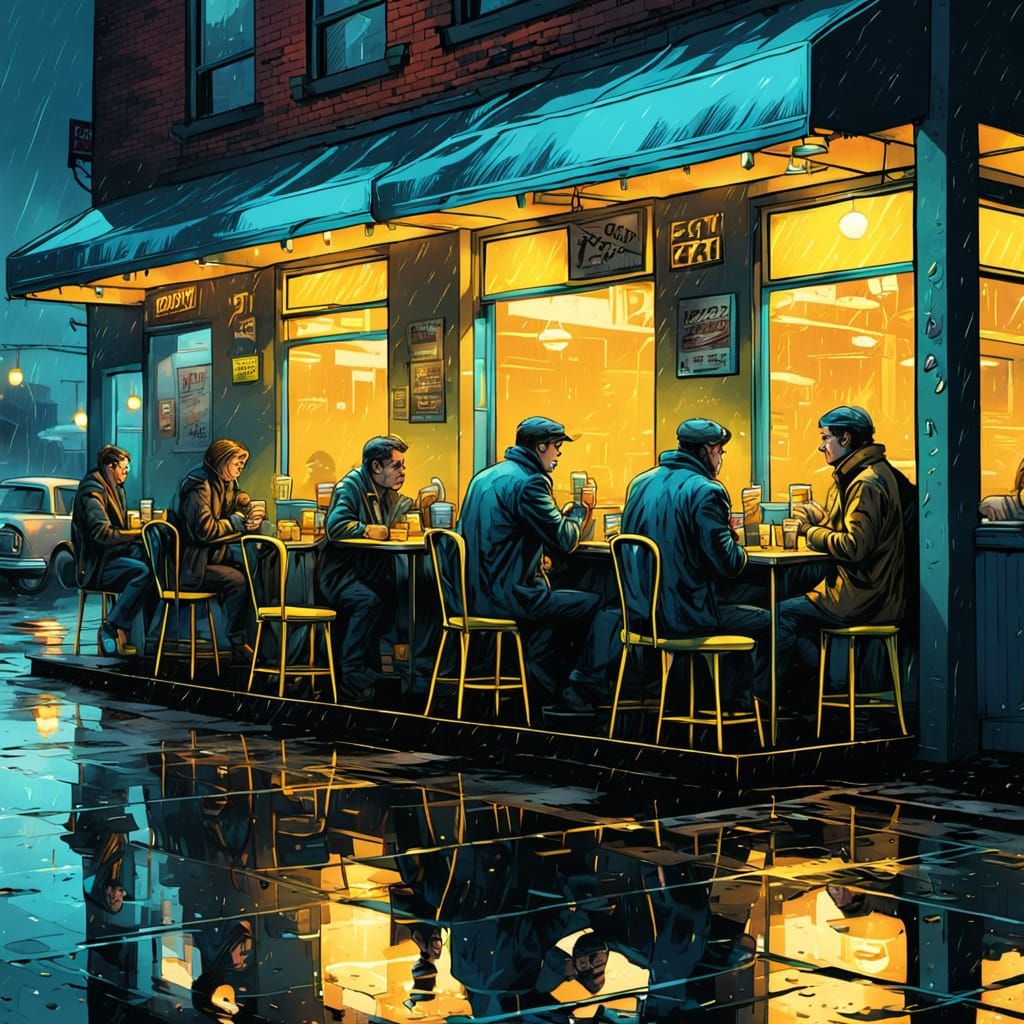 Noir Comic Diner Scene on a Rainy Night