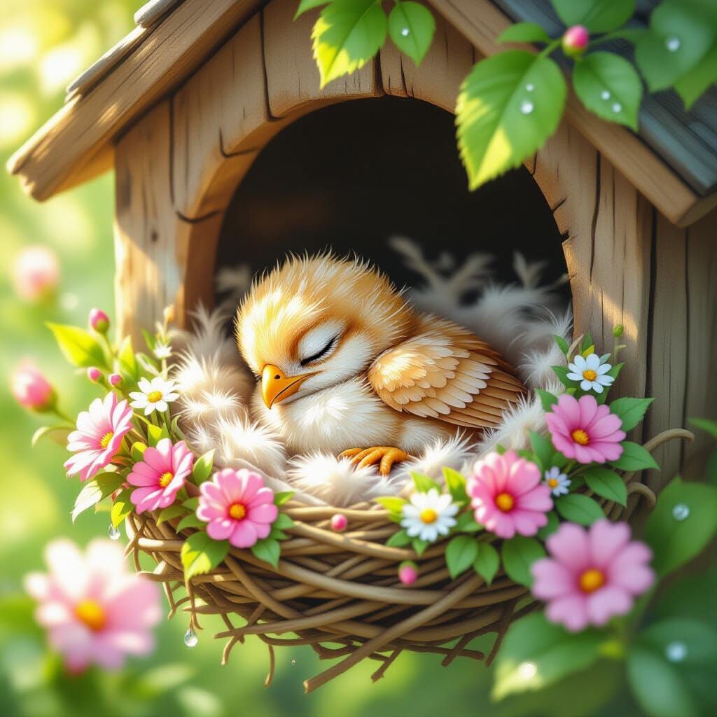Griffin Chick Asleep in Birdhouse in Watercolor Style