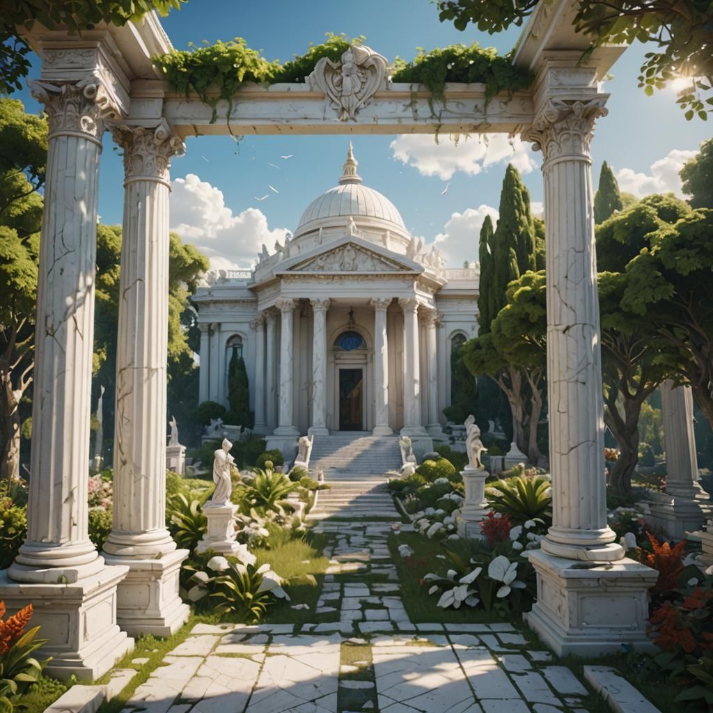 Idyllic Gardens Glimpse White Marble Temple