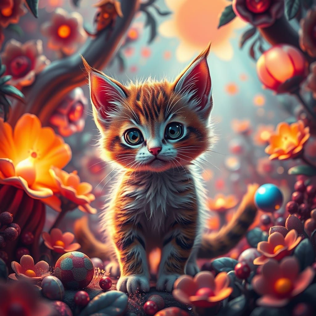 Surreal Kitten in a Kaleidoscopic Wonderland