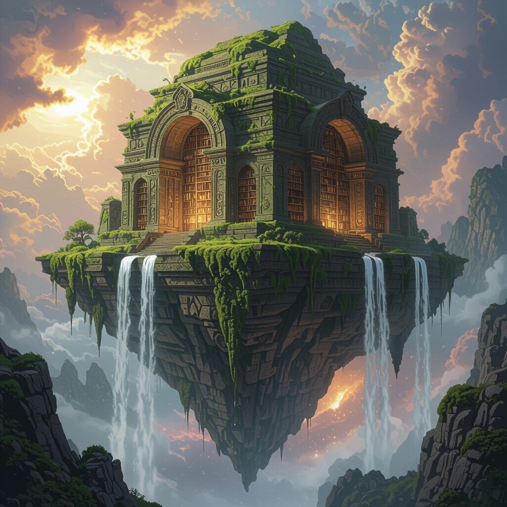 Ancient Floating Island Library in Nebula, Fantasy Concept A...