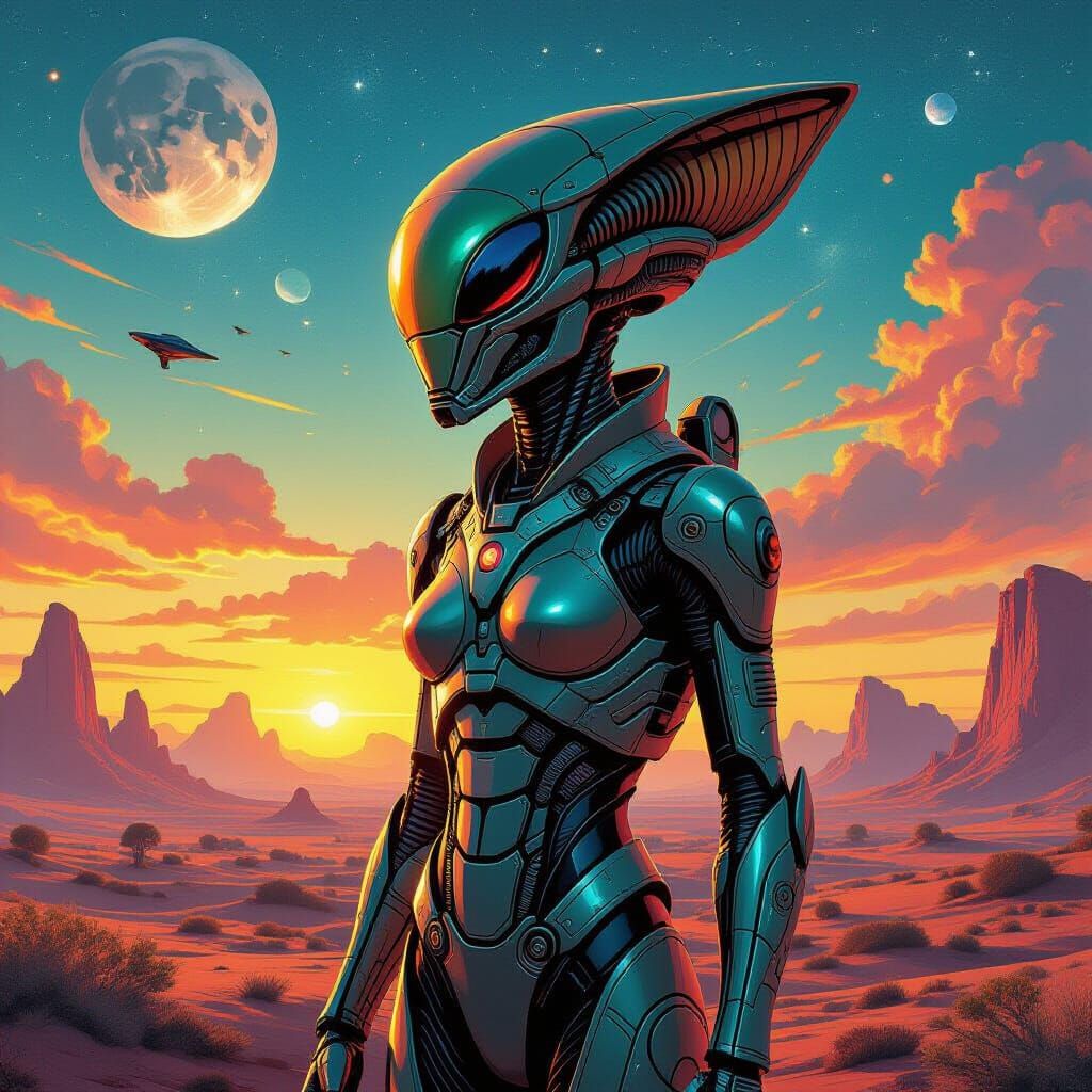 Mantid Alien in Futuristic Galactic Landscape