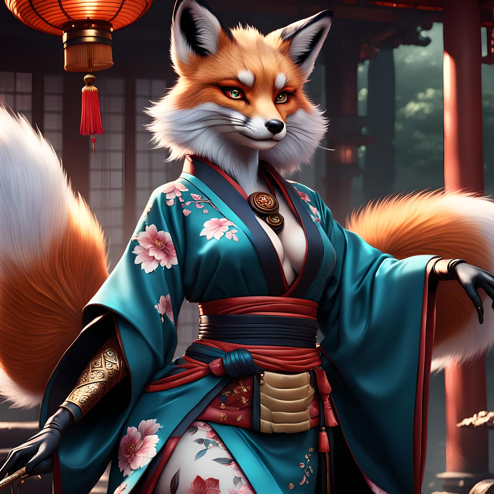 Sensual Furry Fox Geisha in Detailed Matte Painting
