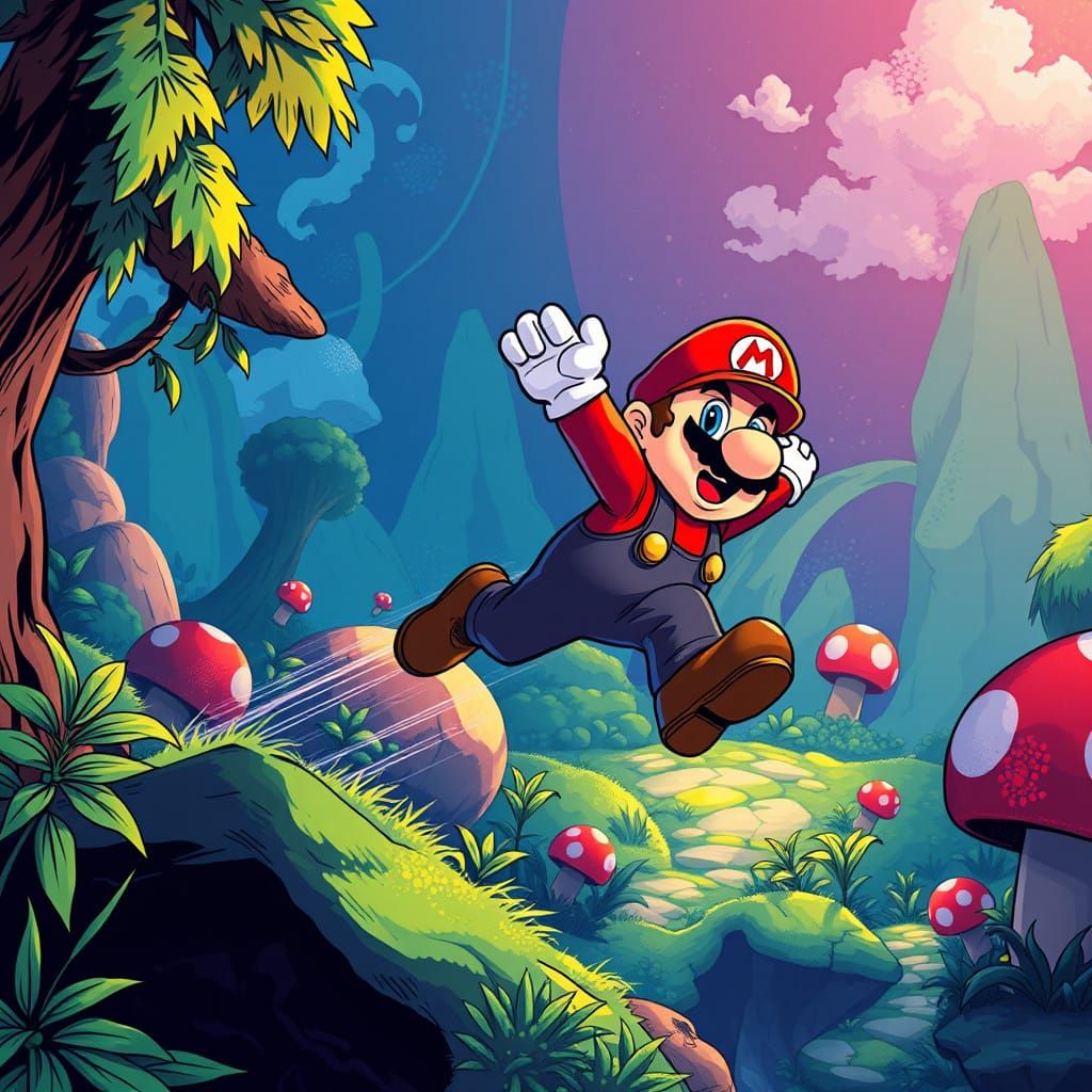 Vibrant Mario in Dynamic Manga-Inspired Landscape