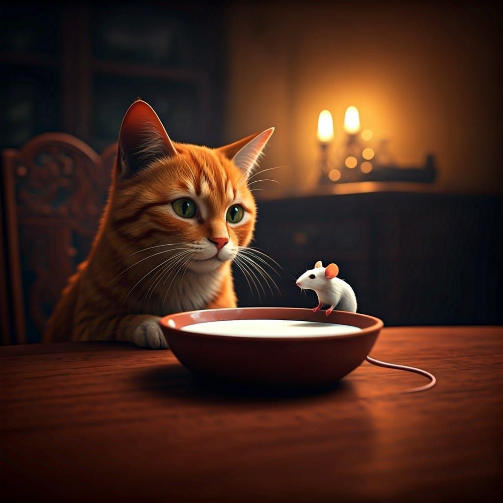 Whimsical Ginger Cat in Enchanted Dining Room Scene