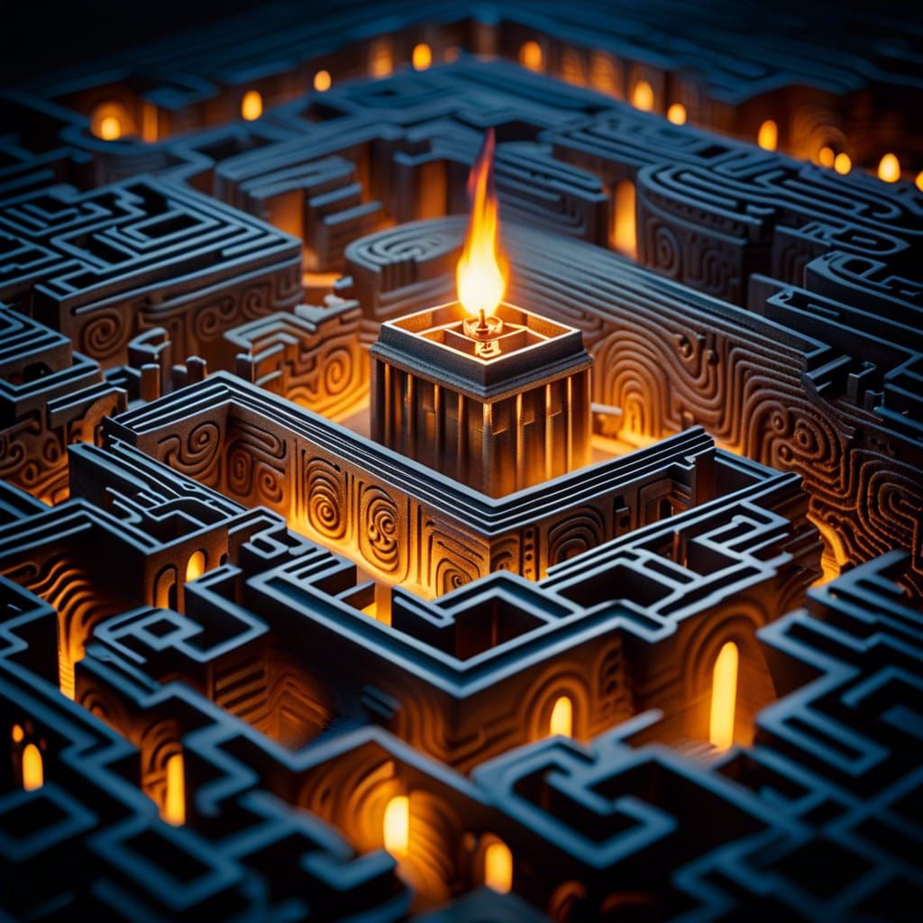 Intricate Stone Maze Illuminated by Torches