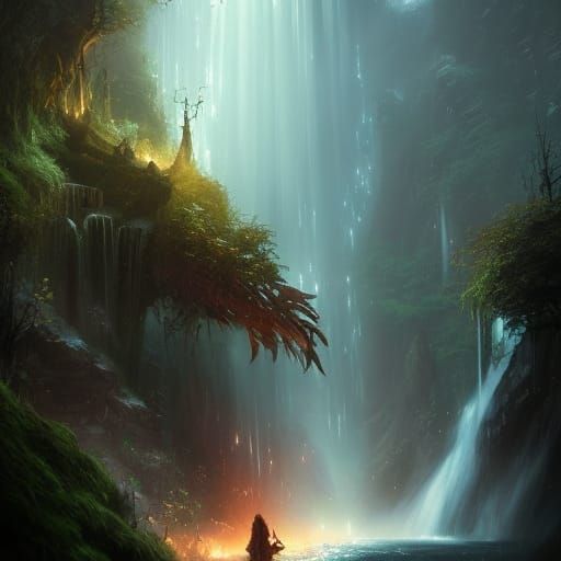 Fantasy Fairy Waterfall at Night: Dark Concept Art