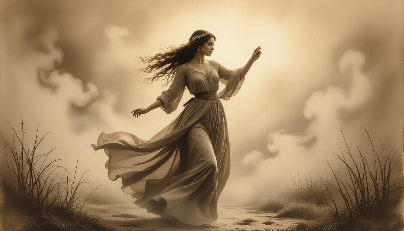 Graceful Woman Dancing in Sepia Sketch Style
