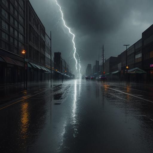 Torrential Downpour on City Streets: Cinematic Still