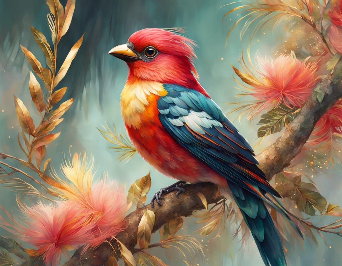 Dreamlike Red Headed Trogon in Pastel Hues