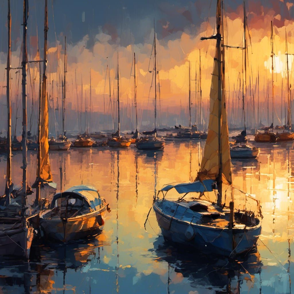 Sailboats at Sunset in Encaustic Style