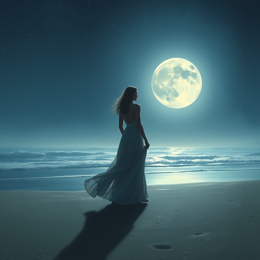 Serene Woman on Tranquil Moonlit Beach at Night