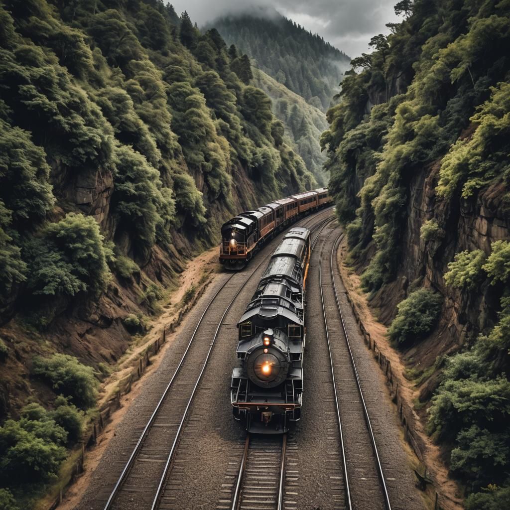 Scenic Train Journey in Hyperrealistic Style