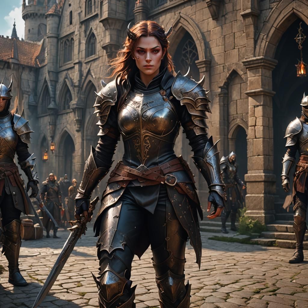 Demon girl in leather armor, medieval setting