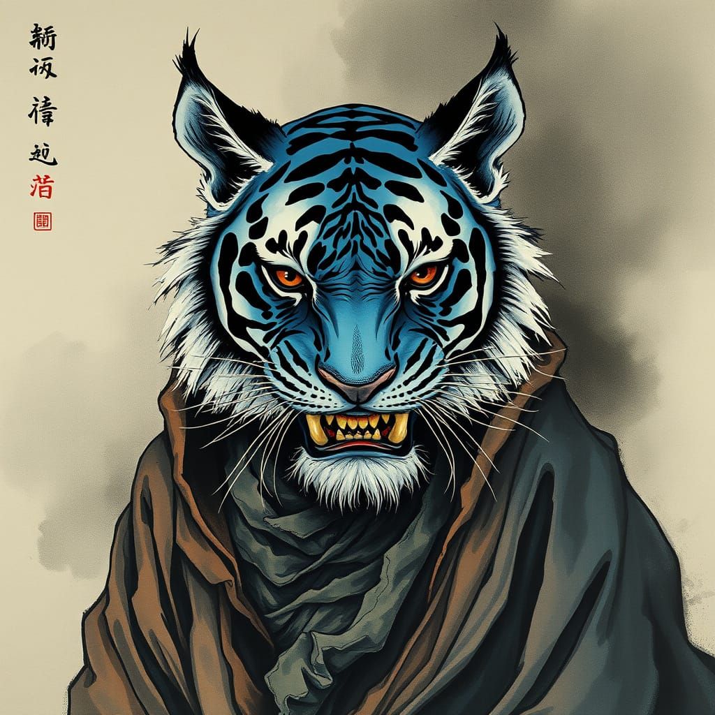 Mischievous Blue Tiger Emerges from Korean Minhwa