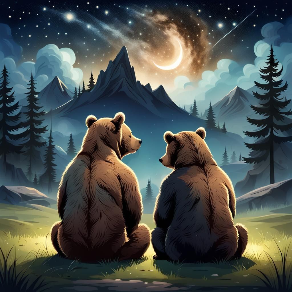 Two bears gazing at a starry night sky