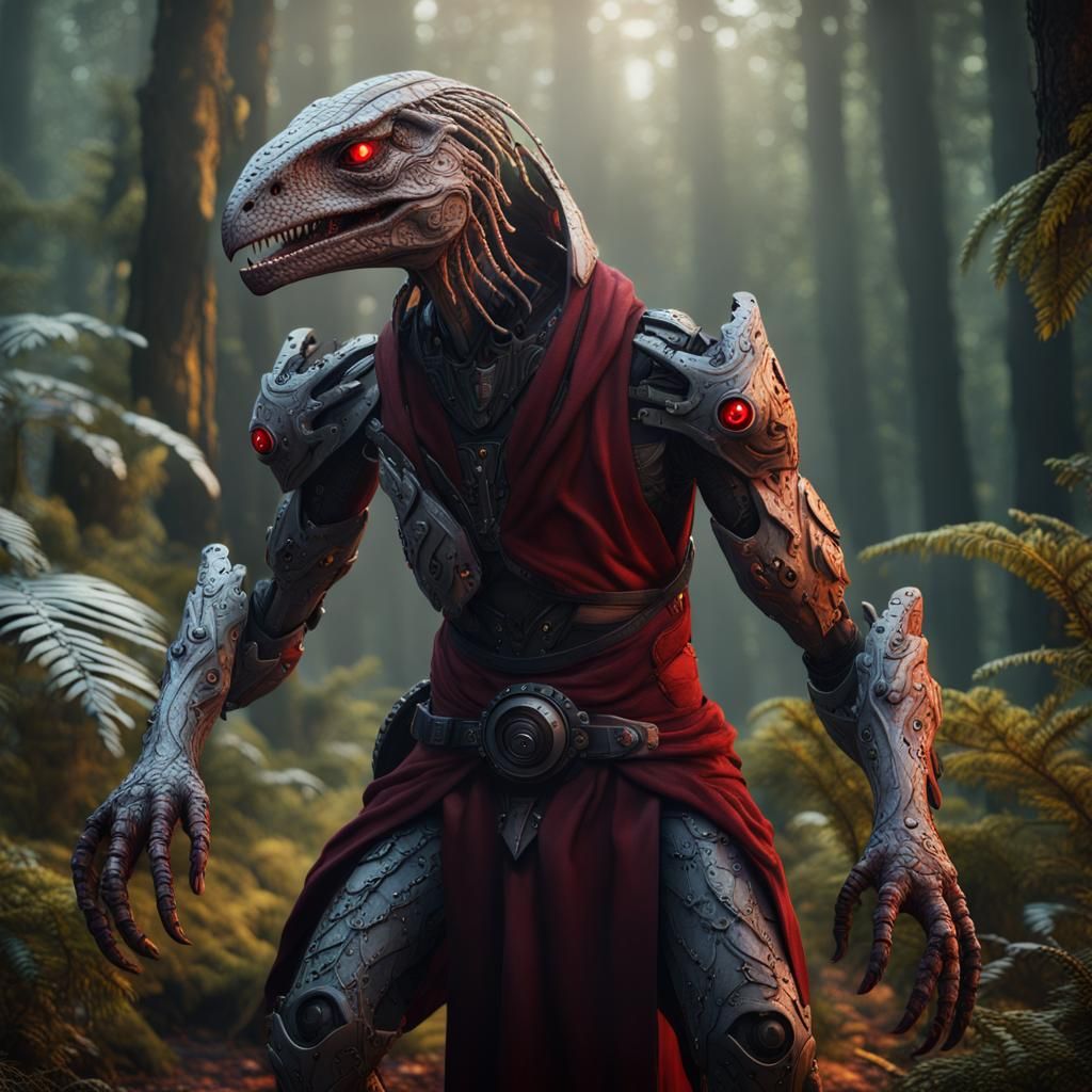 Cyborg Wizard Surrounded by Velociraptors