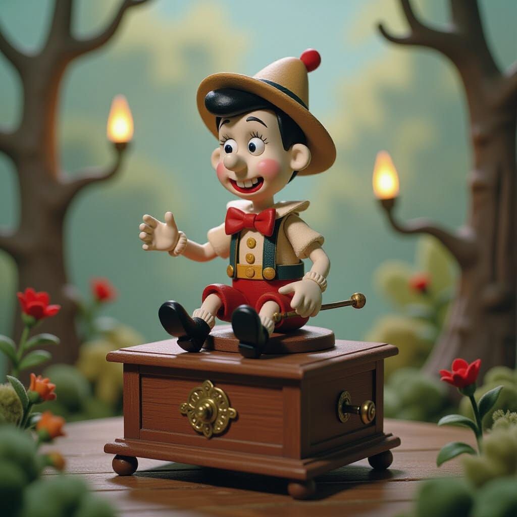 Mechanical Pinocchio Music Box Doll in Surreal Landscape