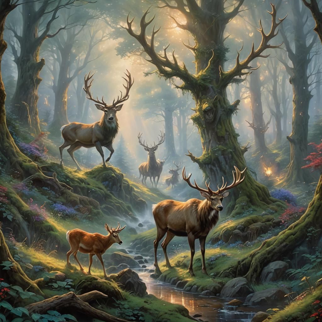 Ethereal Elf Hunt in Misty Forest, Fantasy Art