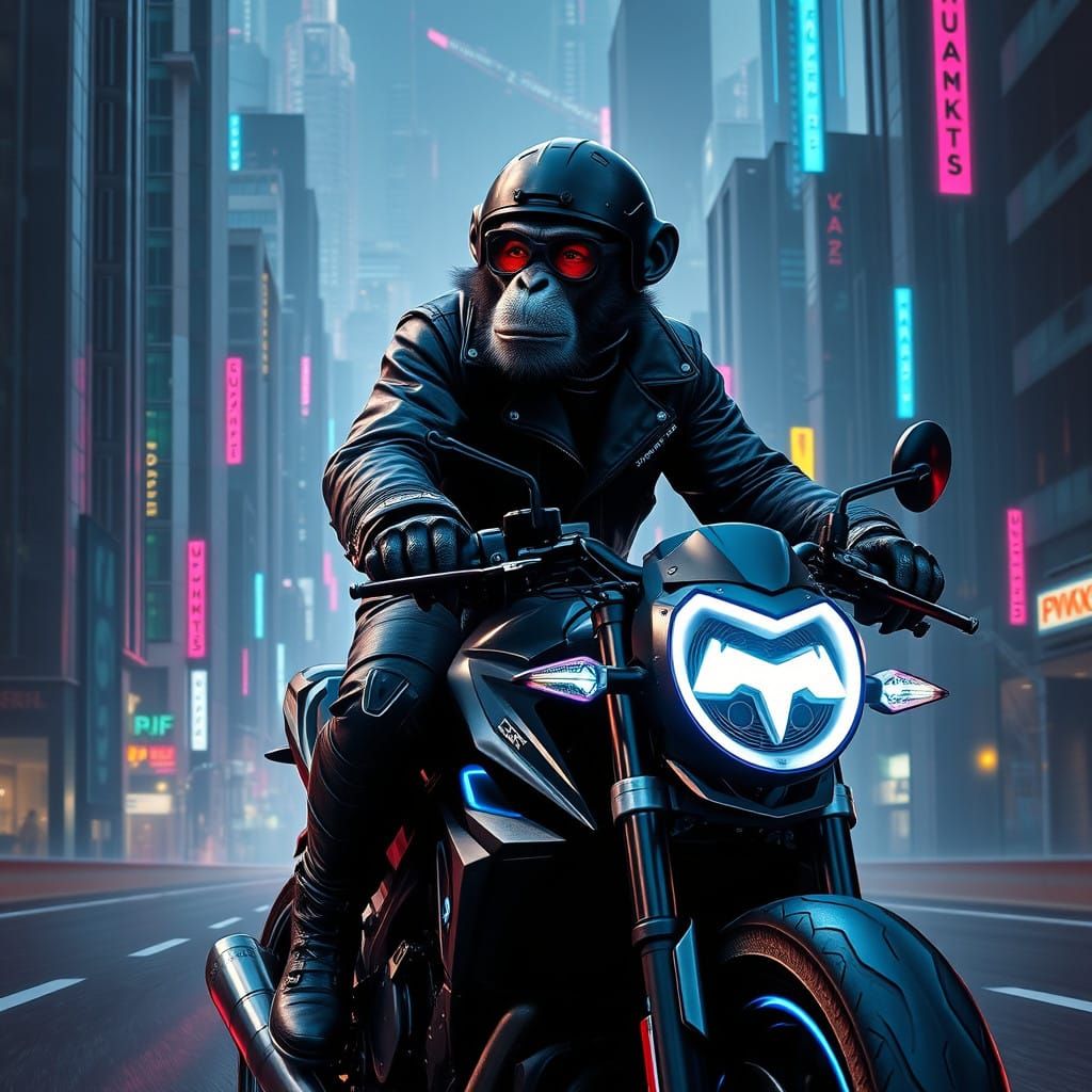 Cyberpunk Monkey Biker in Futuristic Cityscape, Neon-Lit
