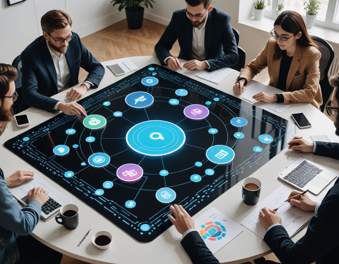 Designers in Holographic Icons Surrounding Workspace