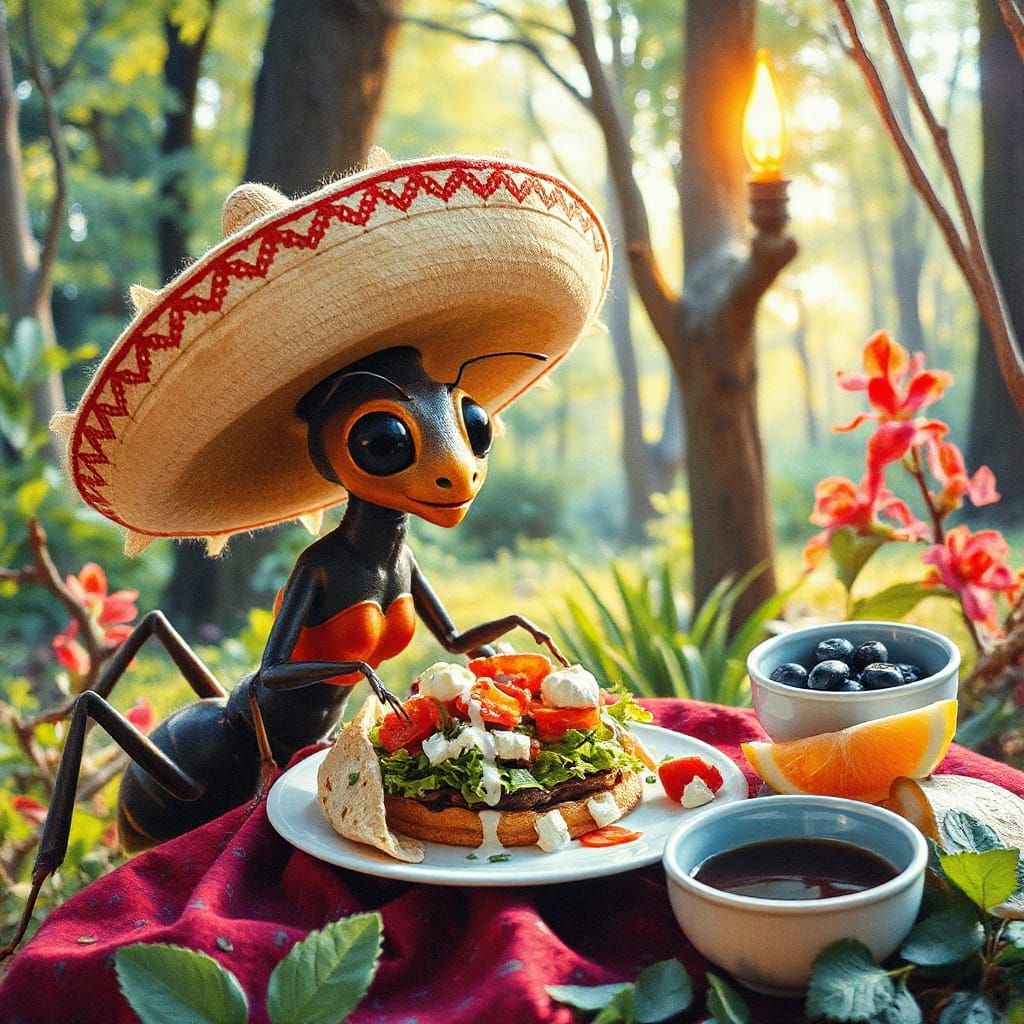 Festive Ant Picnic in Gouache Impressionist Style