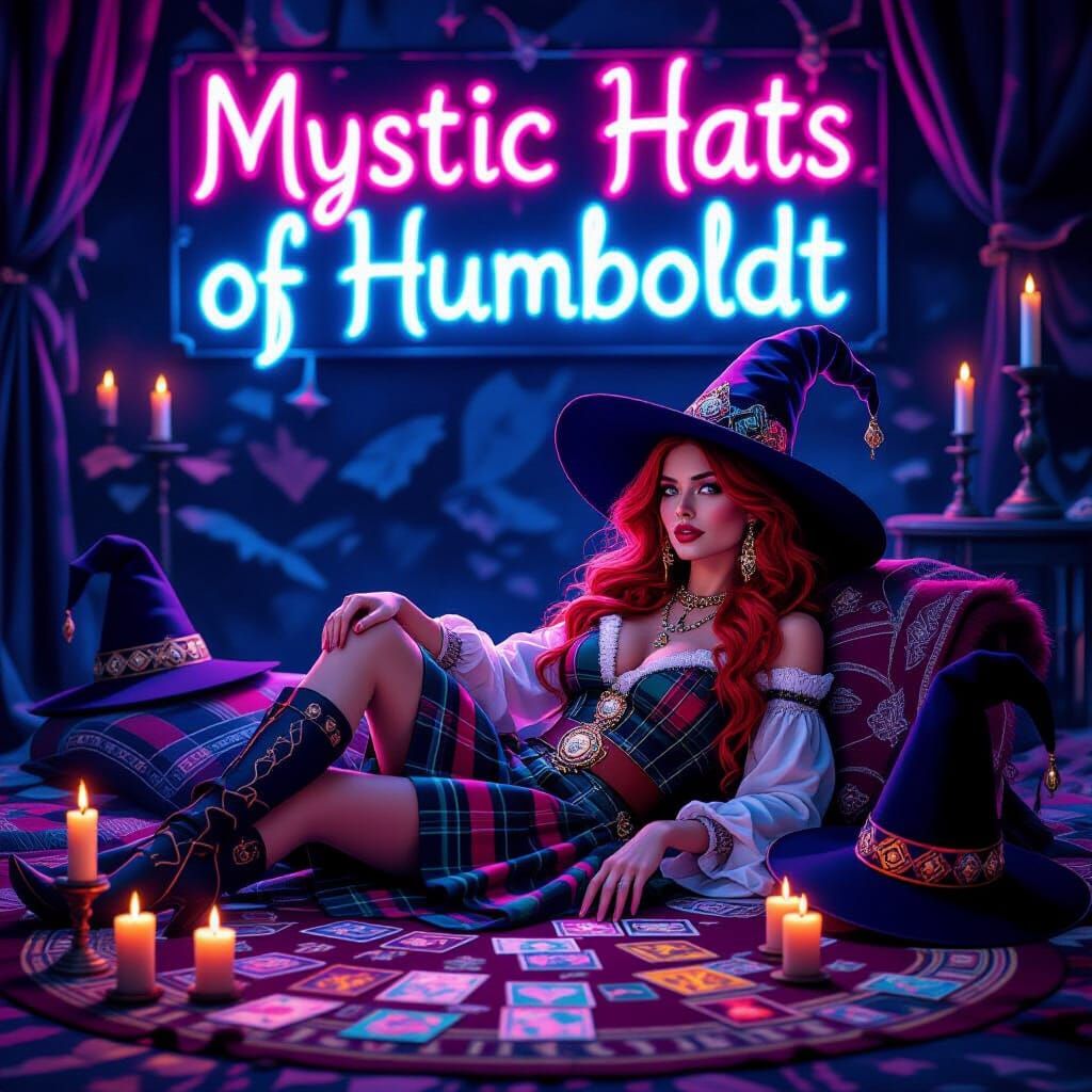 Redhead Witch in Kilt Under Neon Sign