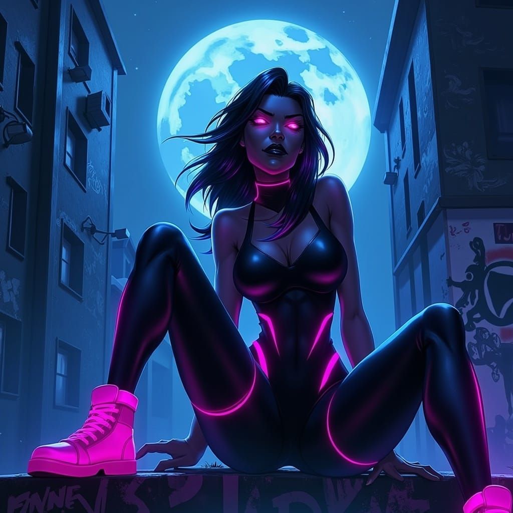 Neon Punk Woman on Ledge Under Moon